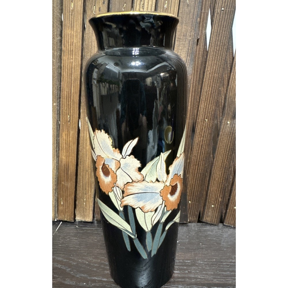 Vintage Shaddy Japan Black Floral Vase 9.5" Tall X 3" Wide.